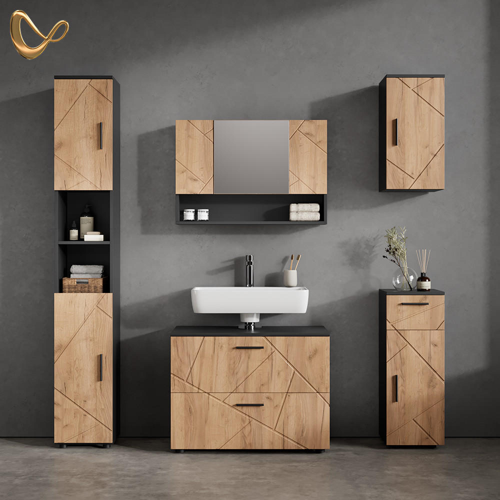 Thumbnail - Livinity® Badmöbel-Set, Honigeiche, Anthrazit, Holzwerkstoff, 7 Fächer, 3 Schubladen, Rechteckig, 41x80x58 cm, Badezimme...