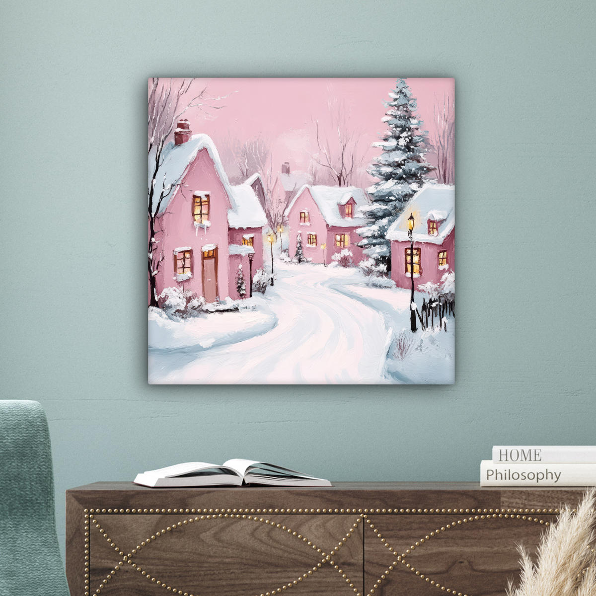 LEINWANDBILD Weihnachtsdorf - Rosa - Winter - Schnee - Häuser 50x50 cm - Altrosa, Textil (50/50cm) - MuchoWow