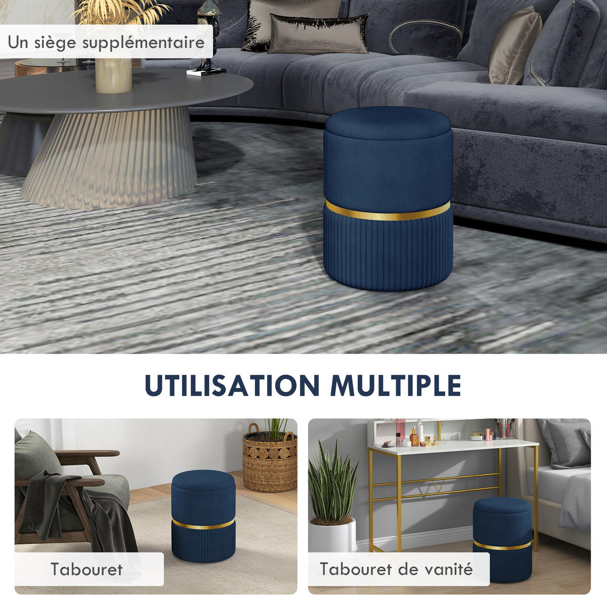 POUF DE-16385 mit Stauraum und Rippenvelours Blau - Blau, Textil (36/44/36cm) - ComfortXL