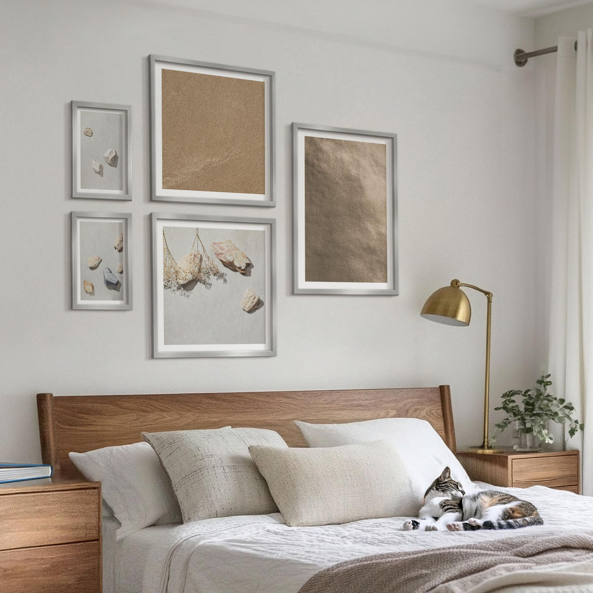 BILDER SET 5er Set - 50x50 cm & 20x30 cm & 40x60 cm Silberner Rahmen - Strandsteine natürliche Strukturen - Silberfarben, Kunststoff (40/60cm) - TULUP