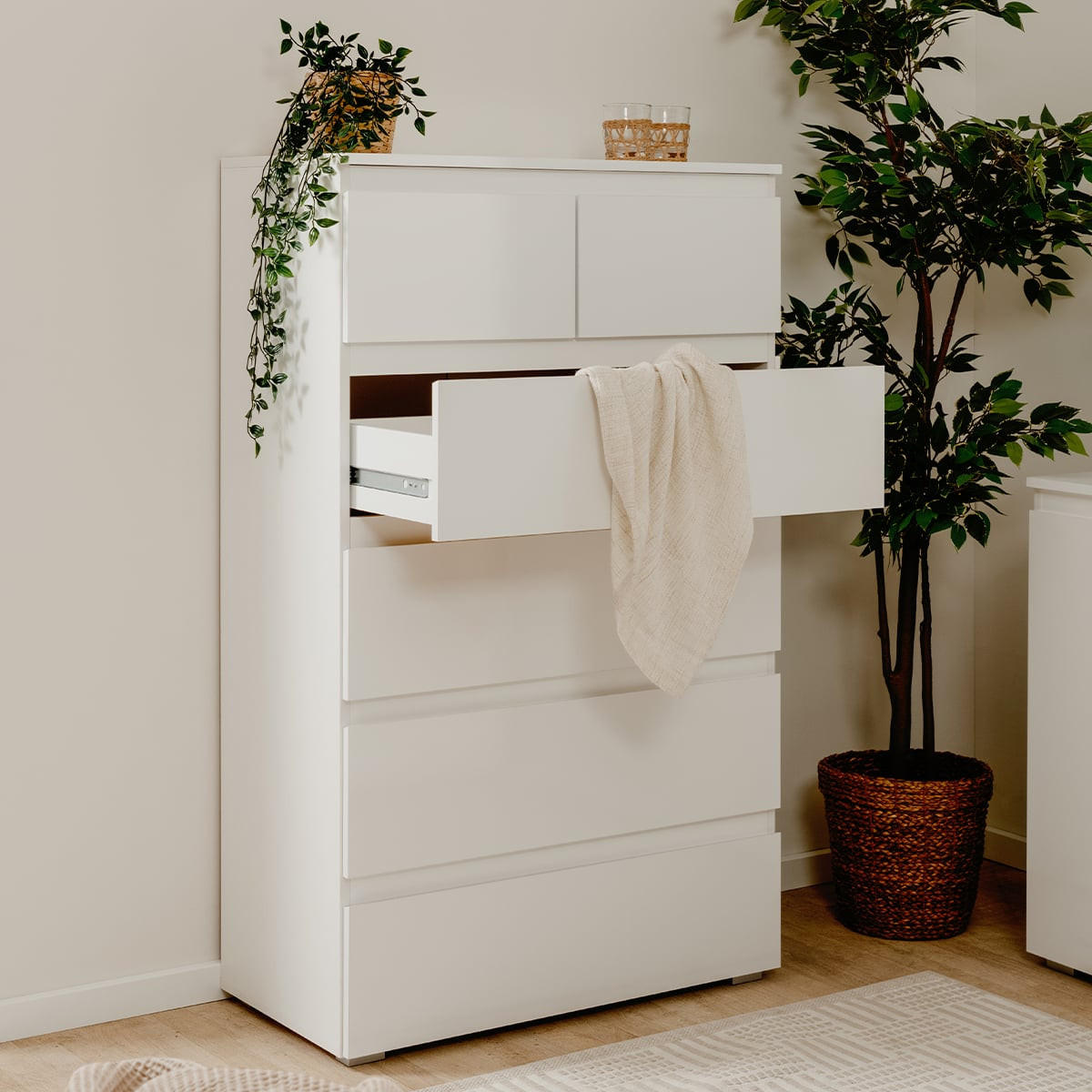 HOHE Kommode mit 6 Schubladen L80 x H131cm - Pretoria - Weiß, Holzwerkstoff (40/131.5/80cm) - Calicosy