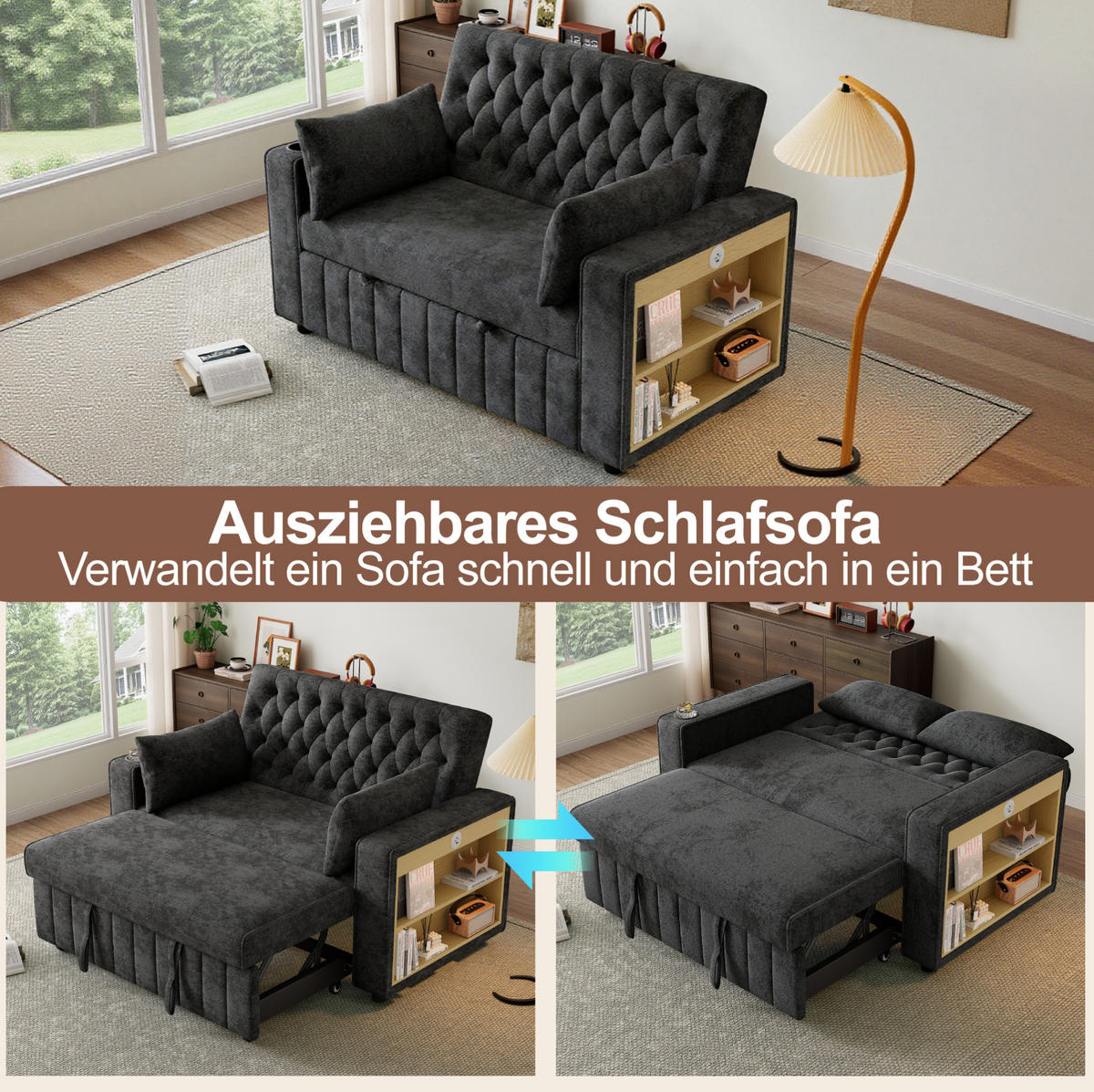 2-SITZER 140/137/84 cm Grau aus Chenille mit Schlaffunktion und USB-Ladeanschluss - Grau, Textil (137/84/140cm) - OKMYHOME
