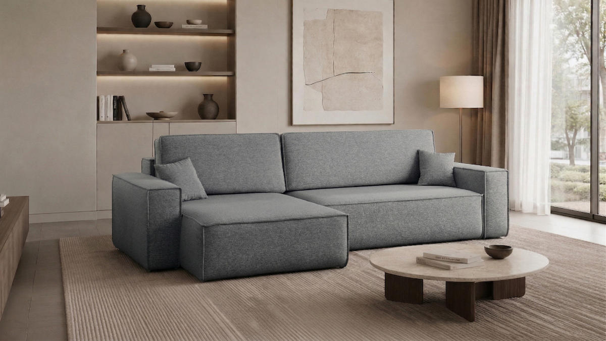 ECKSOFA Mit Schlaffunktion Und Bettkasten, Eckcouch Best XL Stoff Verita Grau Links - Grau, Holz (145/274cm) - Kaiser Möbel