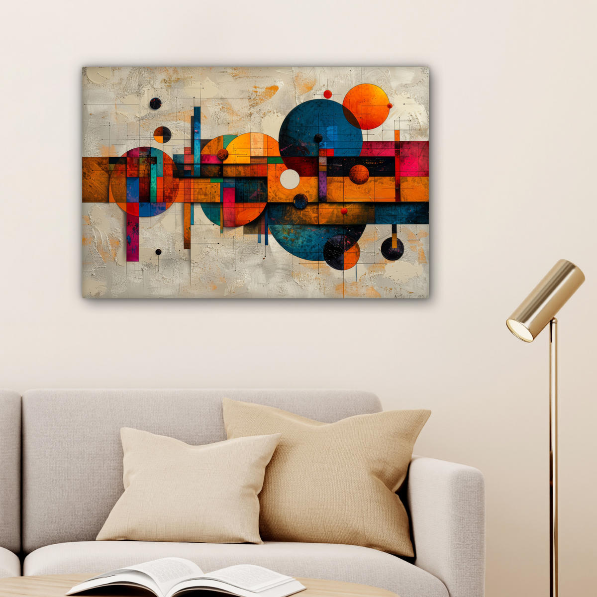 LEINWANDBILD - Vintage - Moderne Kunst - Orange - Geometrische Formen - 60x40 - Wanddeko Schlafzimmer - Multicolor, Textil (60/40cm) - MuchoWow