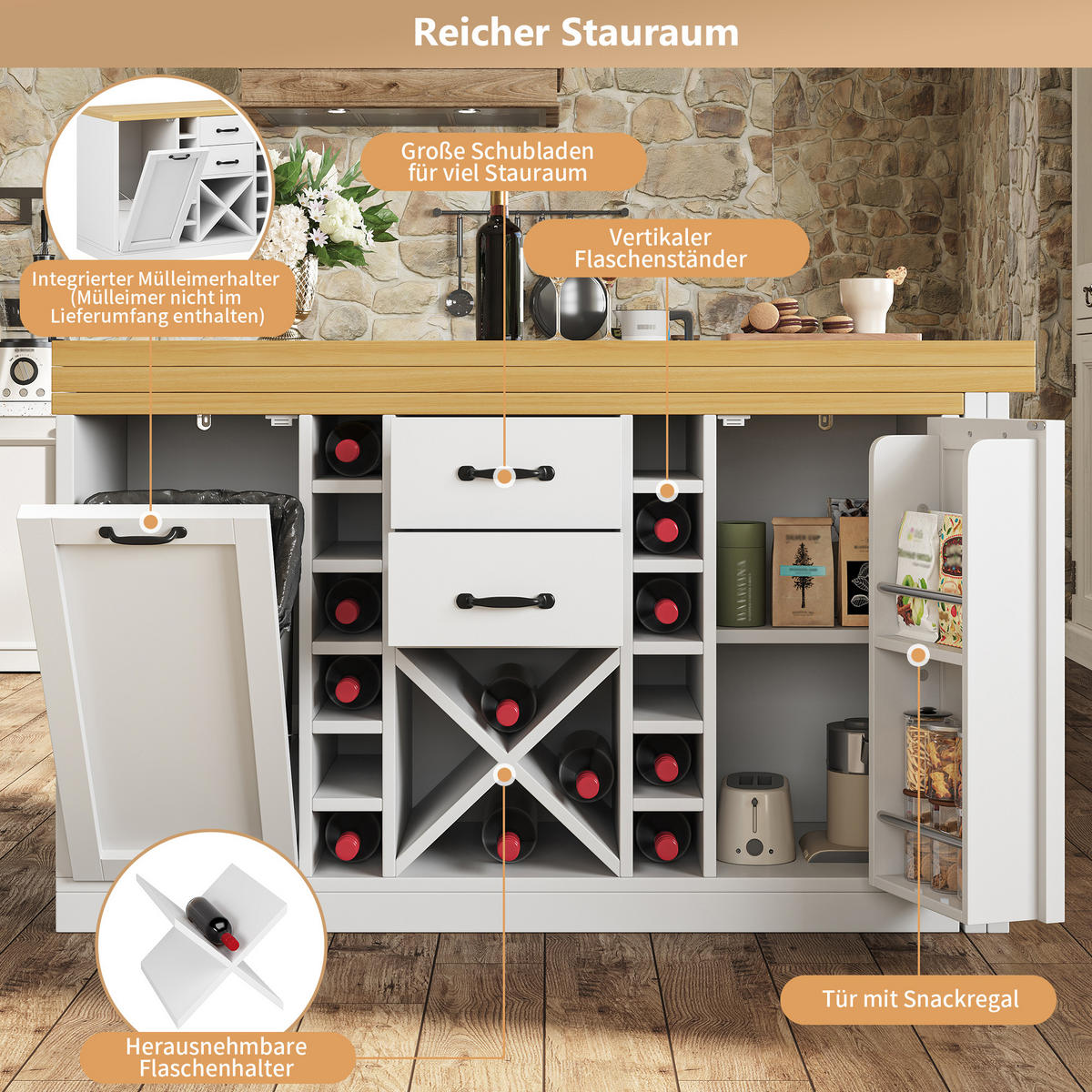 KÜCHENINSEL 360° Drehbar 120 223cm Stauraum Weinregal Weiß Schwarz - Weiß, Metall (120/73.8/40cm) - FLIEKS