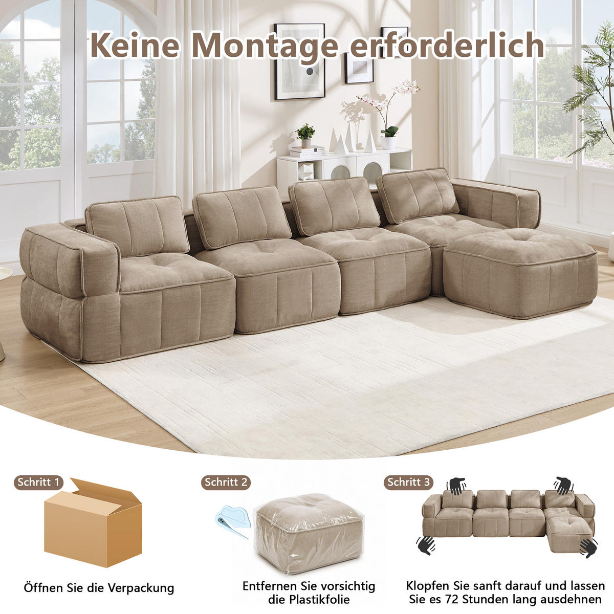 ECKSOFA 344/162/67 cm Sand mit 1 Fußhocker - Sandfarben, Textil (344/162cm) - Oxeza