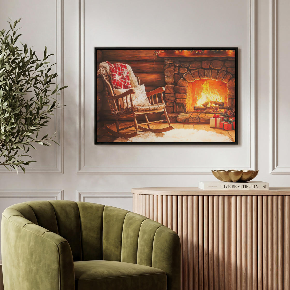 LEINWAND Bilder mit Rahmen - Winter - Weihnachten - Zuhause - Kamin - 60x40 - Bernsteinfarben, Textil (60/40cm) - MuchoWow