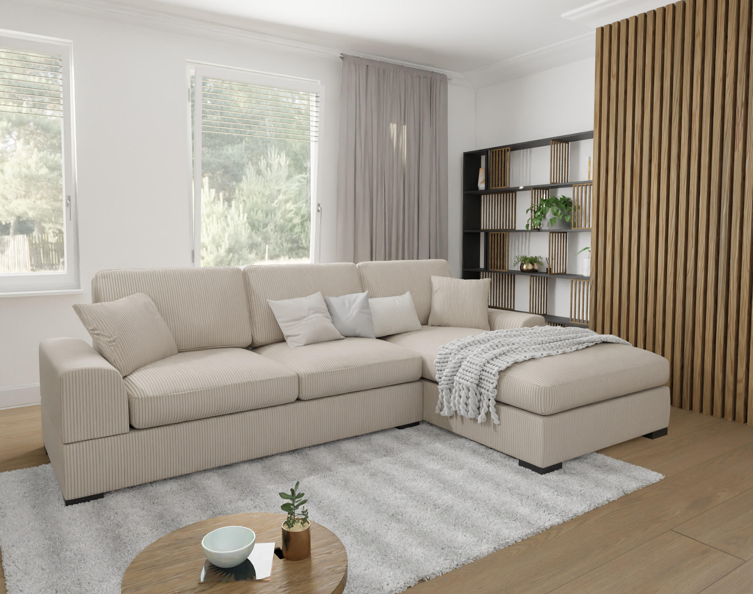 ECKSOFA Saga Beige Cord - Beige/Schwarz, Holz/Buchenholz (306/184cm) - S-Style Möbel