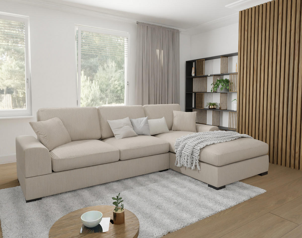 ECKSOFA Saga Beige Cord - Beige/Schwarz, Holz/Buchenholz (306/184cm) - S-Style Möbel