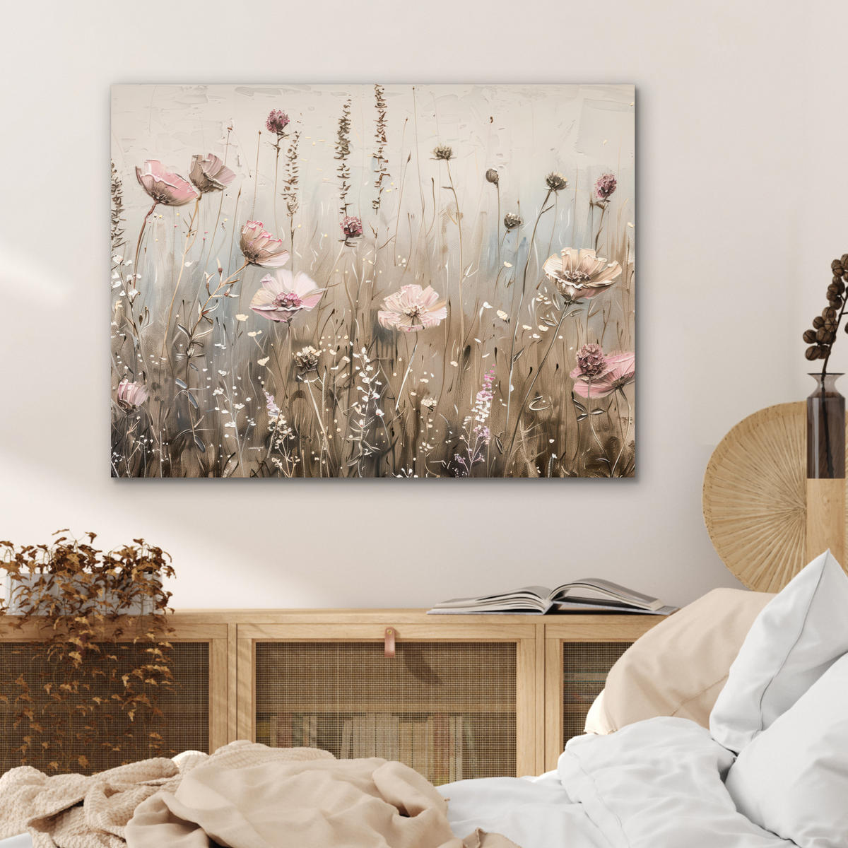KOVOVÝ OBRAZ Kvety - Ružová - Moderné - Béžová 80x60 cm - béžová, kov (80/60cm) - MuchoWow