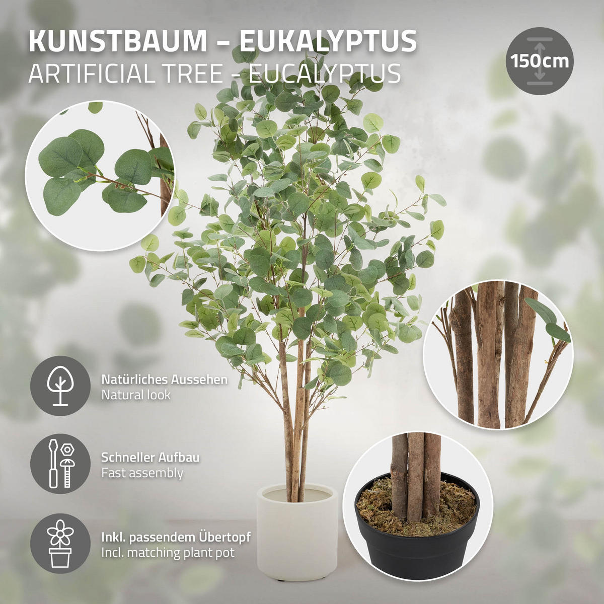 KUNSTPFLANZE Eukalyptus - Anthrazit/Grün, Holz/Kunststoff (150cm) - ML-DESIGN