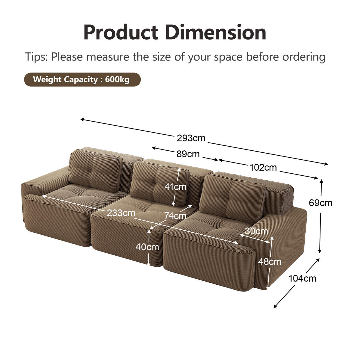 3-SITZER SOFA Modulares Boneless Cloud-Sofa Cord Braun Tiefsitz - Braun, Textil (293/69/104cm) - Urban Meuble