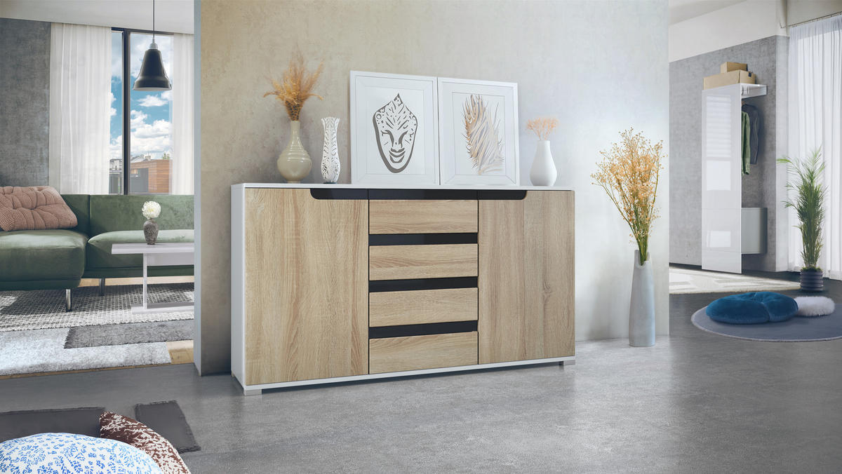 SIDEBOARD Sylt Eiche sägerau / Schwarz Hochglanz - Eiche San Remo, Holzwerkstoff (138.5/75.5/35cm) - Vladon