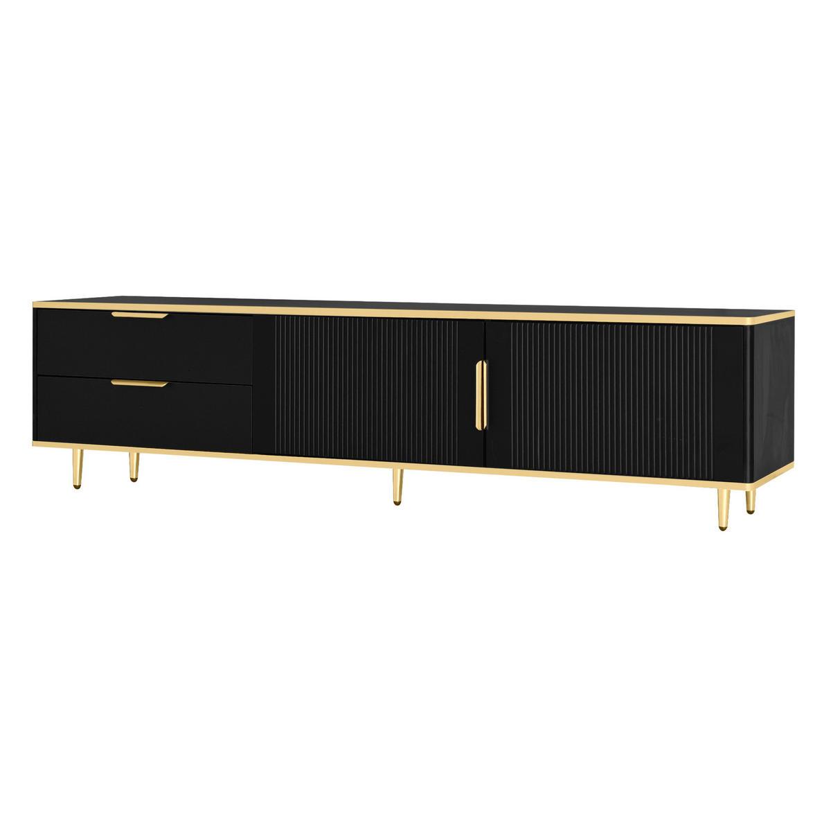 TV omarica 170/45/37 cm z 2 predaloma, 2 vrati in izrezljanimi frontami iz MDF in ivernih plošč, Črna in zlata - črna, leseni material (170/45/37cm) - Redom
