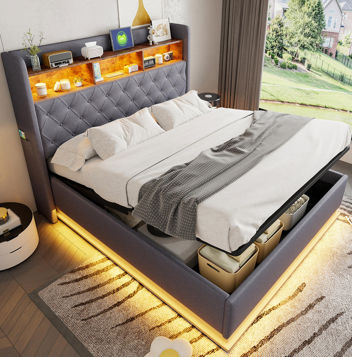 ČALÚNENÁ posteľ z látky 160x200 cm sivá s LED osvetlením, USB portom a hydraulickým úložným priestorom - sivá, textil (160/200cm) - Modfu