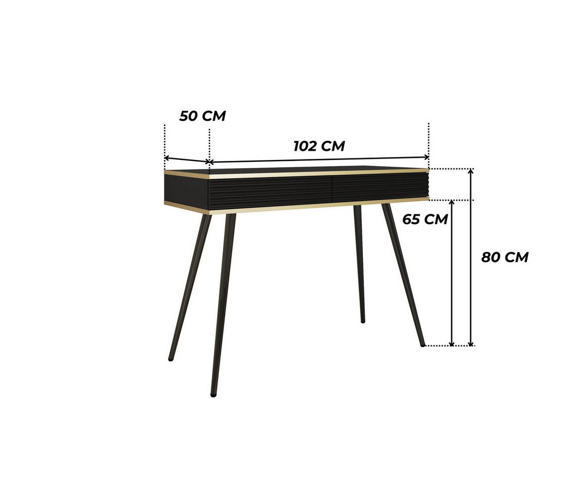 KONSOLENTISCH FORNO (Schwarz, Rillenfront, Goldene Details, 2 Schubladen, schwarze Metallfüße, 102 cm) - Schwarz, Holz/Holzwerkstoff (50/102/80cm) - Ravio