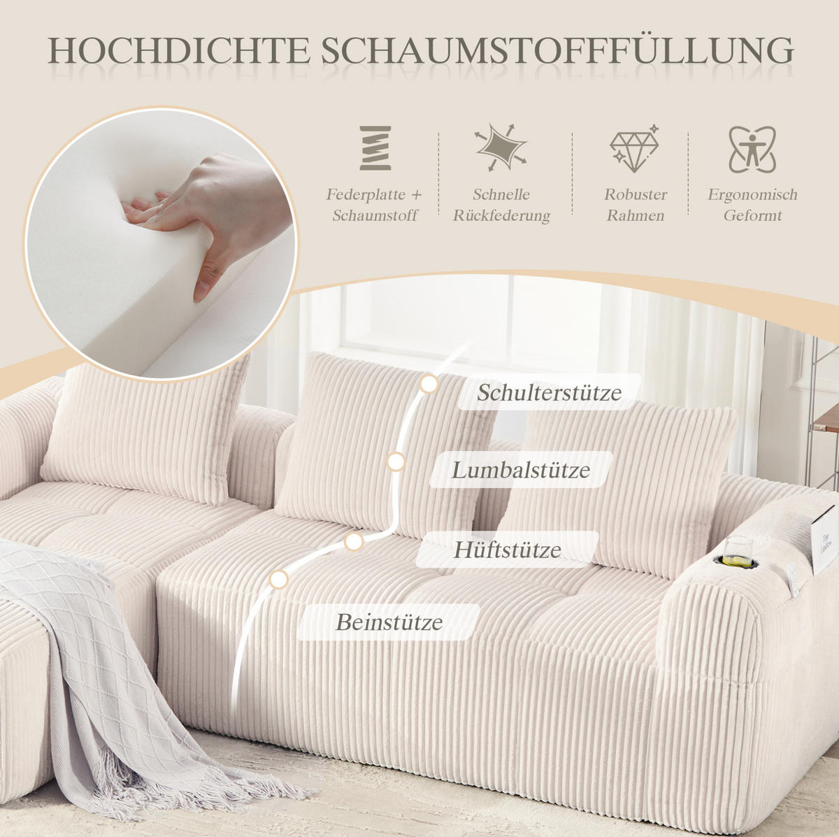ECKSOFA 253/158/61 cm beige aus Cord mit Becherhaltern - Beige, Textil (158/253cm) - OKWISH
