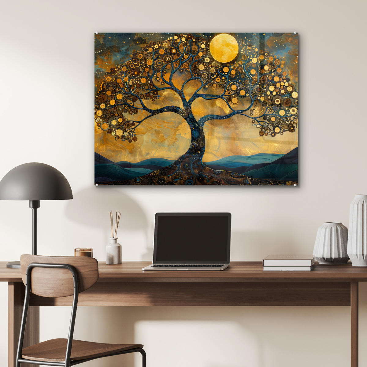 ACRYLGLASBILD Baum - Mond - Blumen - Gold - Kunst 80x60 cm - Orange, Glas (80/60cm) - MuchoWow