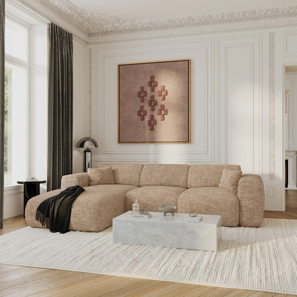 ECKSCHLAFSOFA Texturierter Samt Taupe 283cm - Taupe, Textil (283/180cm) - Sia Home