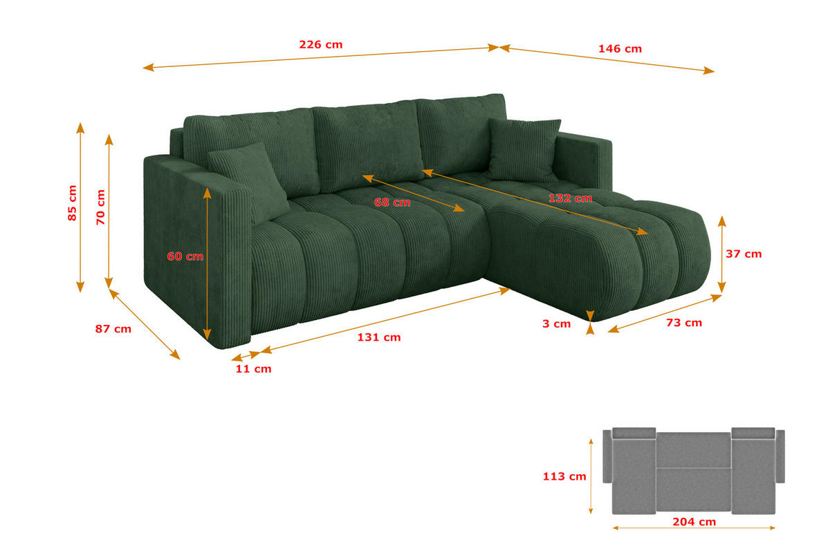 ROHOVÁ SEDAČKA s funkcí spaní, otoman vpravo GARD-L 226x146x85 zelená manšestr - černá/tmavě zelená, kompozitní dřevo/textil (226/146cm) - ALTDECOR