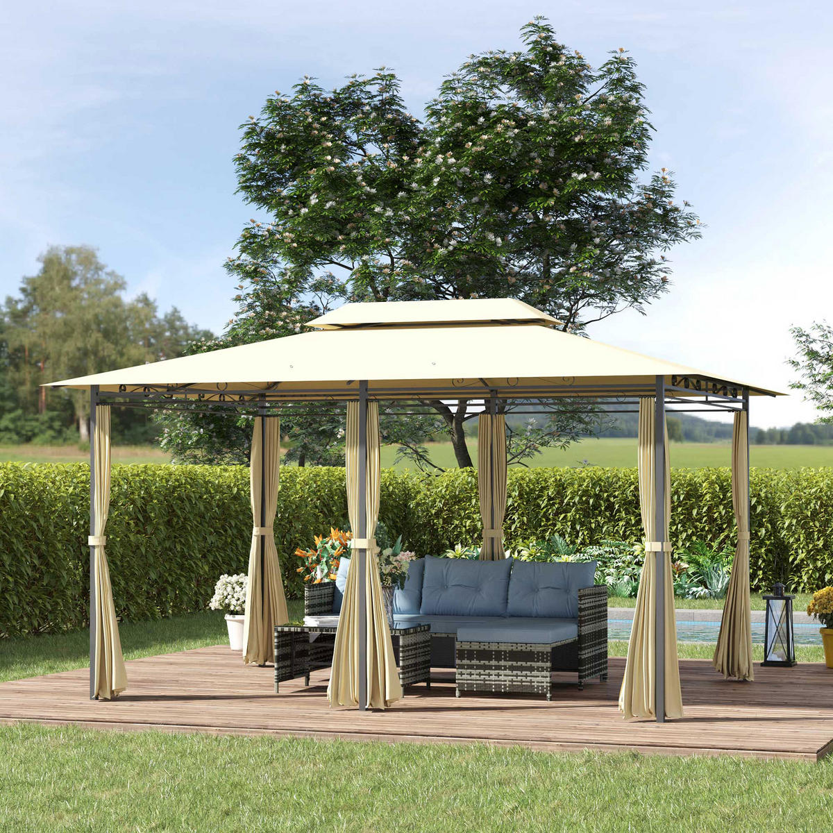 PAVILLON, Beige+Schwarz, Stahl, 180g/m² Polyester - Beige, Metall (300/280/400cm) - Outsunny