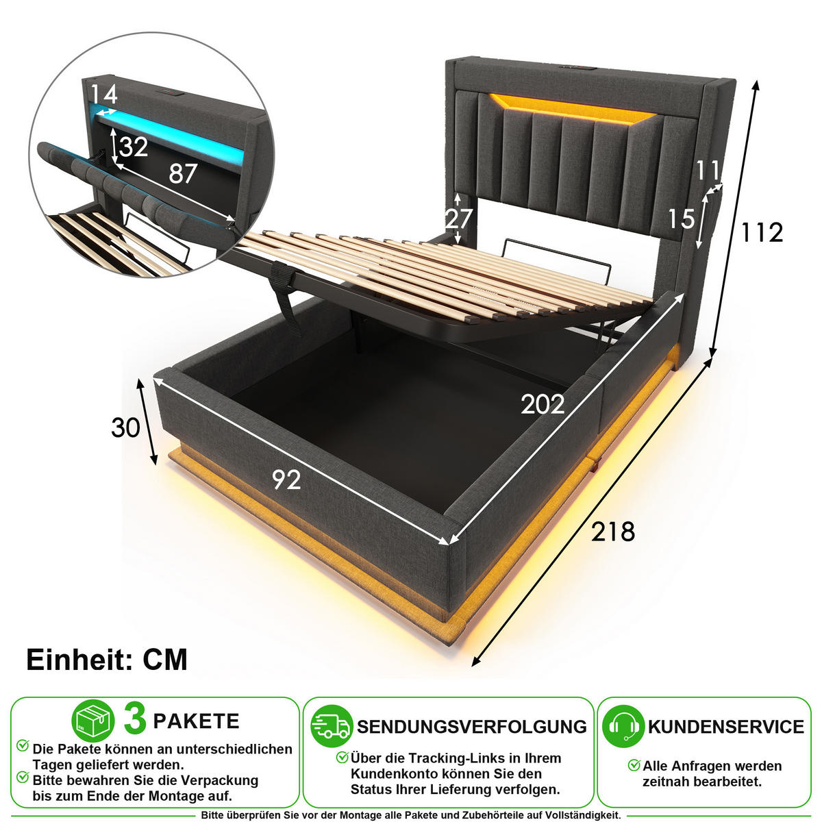 ČALOUNĚNÁ POSTEL 90/200 cm v šedé barvě s úložným prostorem, LED a USB-C - šedá, kov/kompozitní dřevo (90/200cm) - CHICFURN
