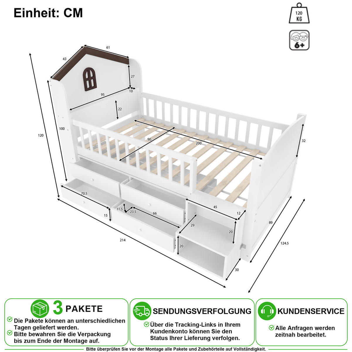 HOCHBETT 90/200 cm in Weiß mit 4 Schubladen, LED und Regal in Hausform - Weiß, Holz/Holzwerkstoff (90/200cm) - CHICFURN