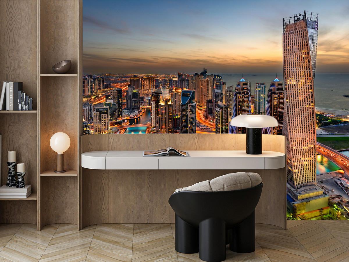 FOTOTAPETA Pre Kanceláriu Mrakodrapy Dubai Marina Prístav Svetlá Moderná 250 x 175 cm - oranžová/hnedá, papier (250/175cm) - Muralo