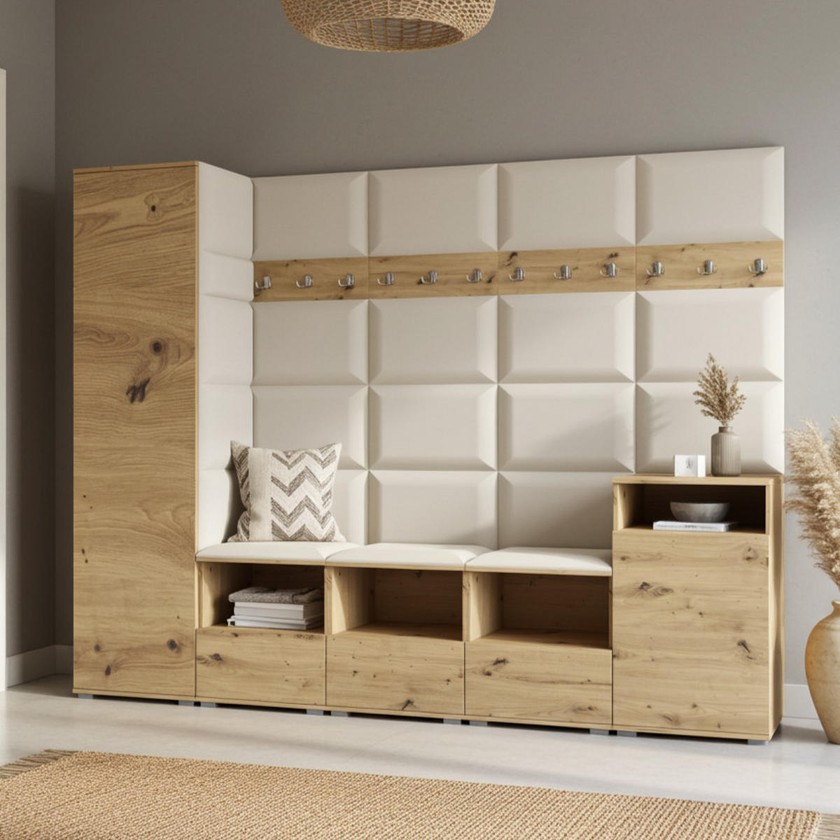 GARDEROBE NELA XI 250 cm (Modulare Flurmöbel Artisan Eiche mit Sitzpolster Creme 01 Großes Set) - Silberfarben/Creme, Holz/Holzwerkstoff (250/187/40cm) - Ravio