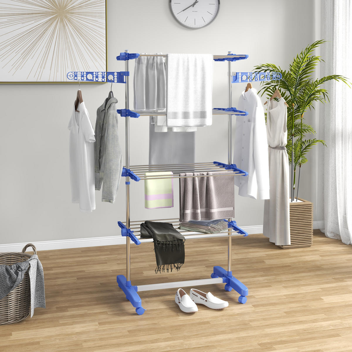 WÄSCHESTÄNDER DE-09794 5 Ebenen, klappbar mit 6 Rollen Blau+Silber - Blau, Metall (142/172/55cm) - ComfortXL