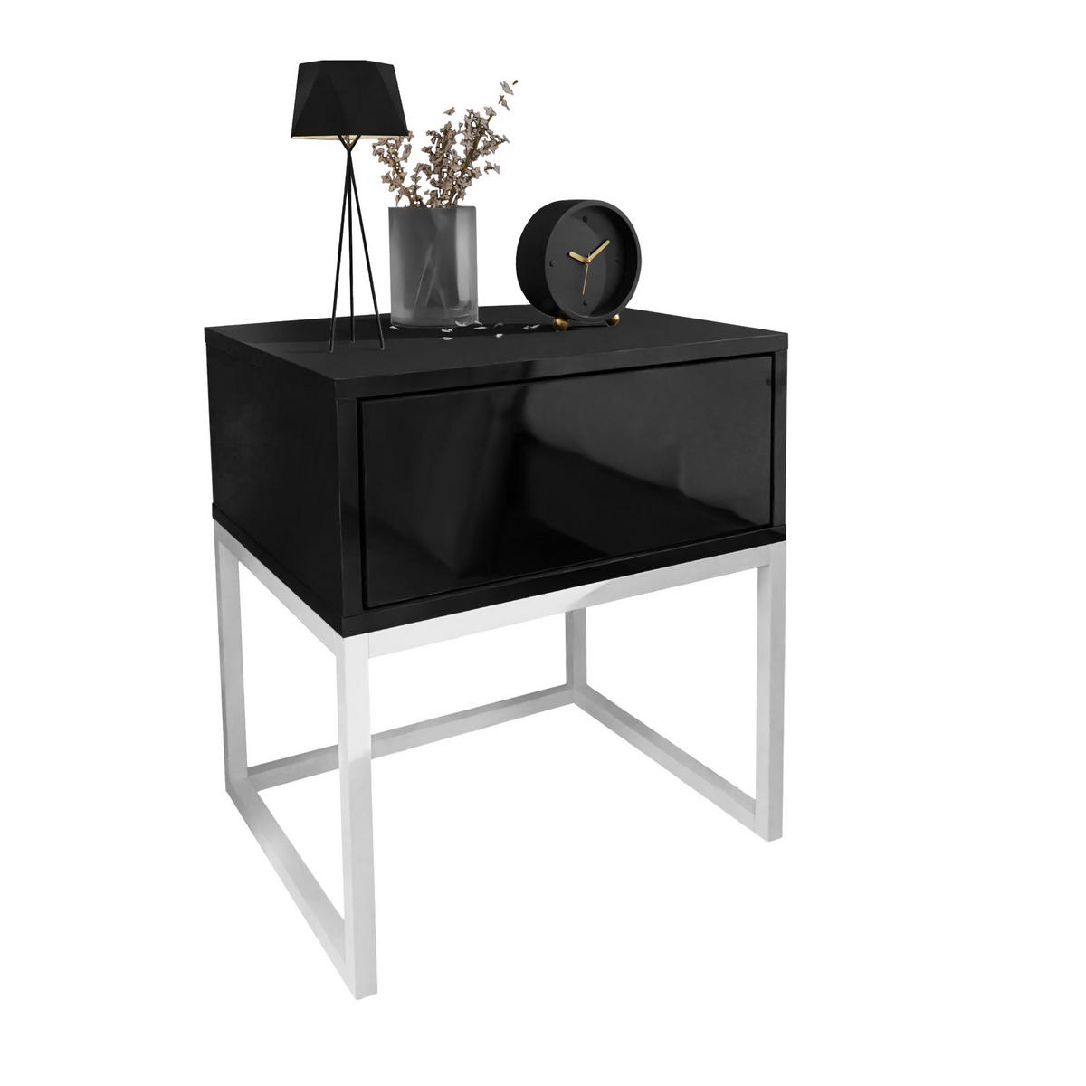 NACHTTISCH BLANCO LOFT Schwarz Hochglanz auf weißem Gestell PUSH OPEN - Schwarz Hochglanz, Holzwerkstoff (45/53/37cm) - Lookway