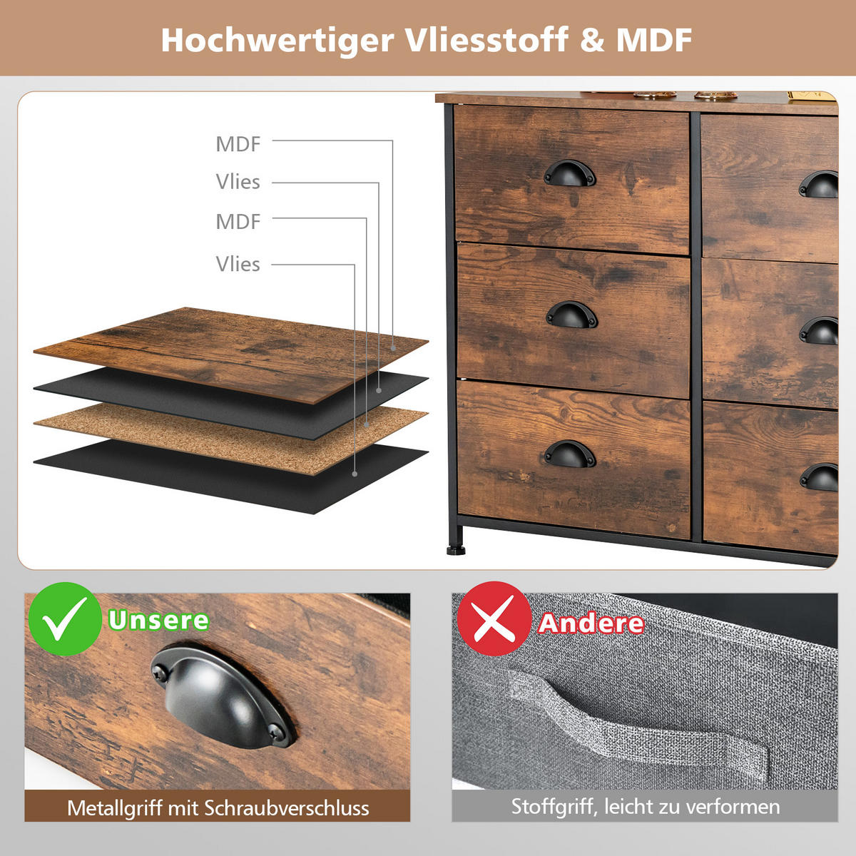 BEISTELLSCHRANK Kommode Braun - Braun, Holz (30/63/80cm) - COSTWAY