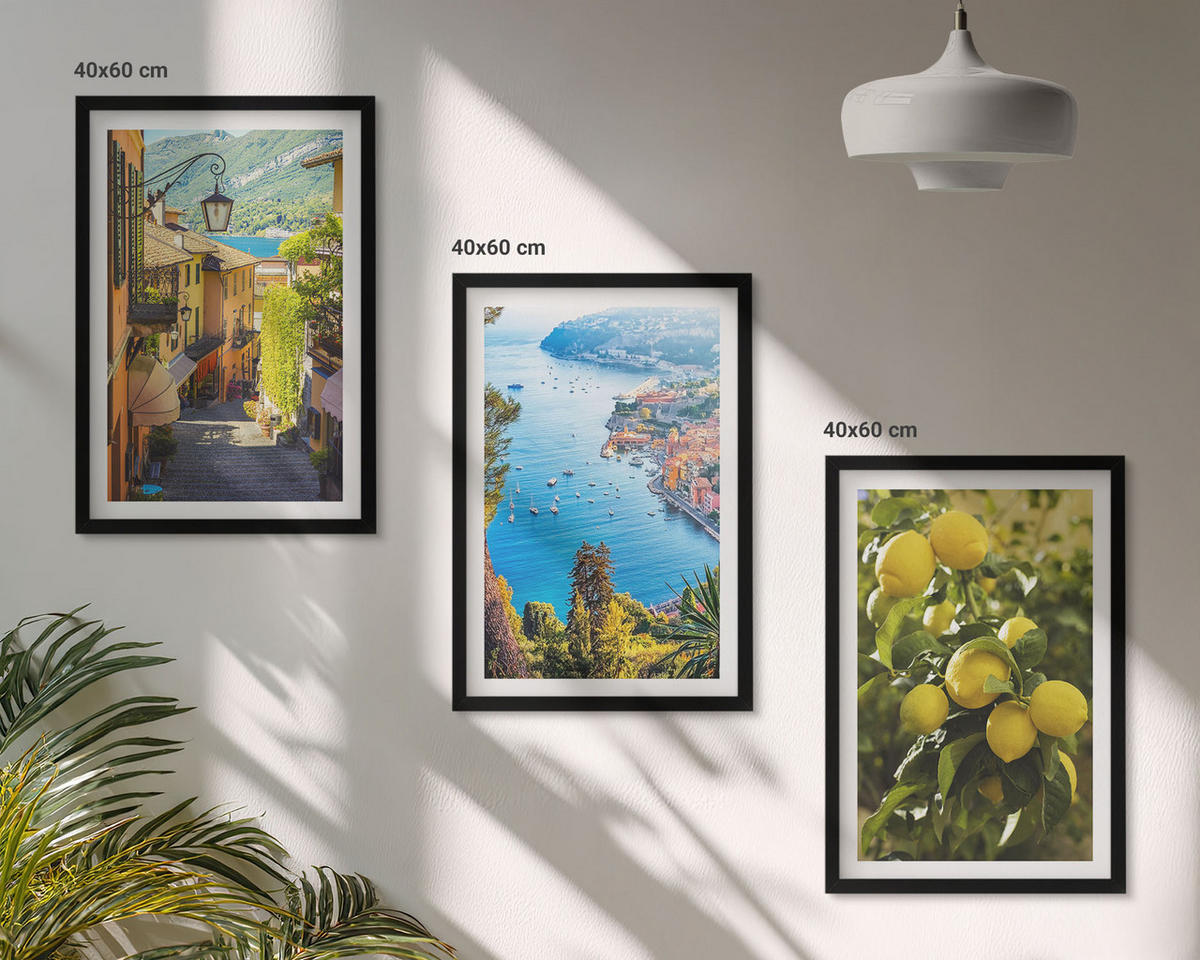 BILDER SET 3er Set - 40x60 cm Schwarzer Rahmen - Straßen am Meer, ein Meer aus Zitronen - Schwarz, Kunststoff (40/60cm) - TULUP