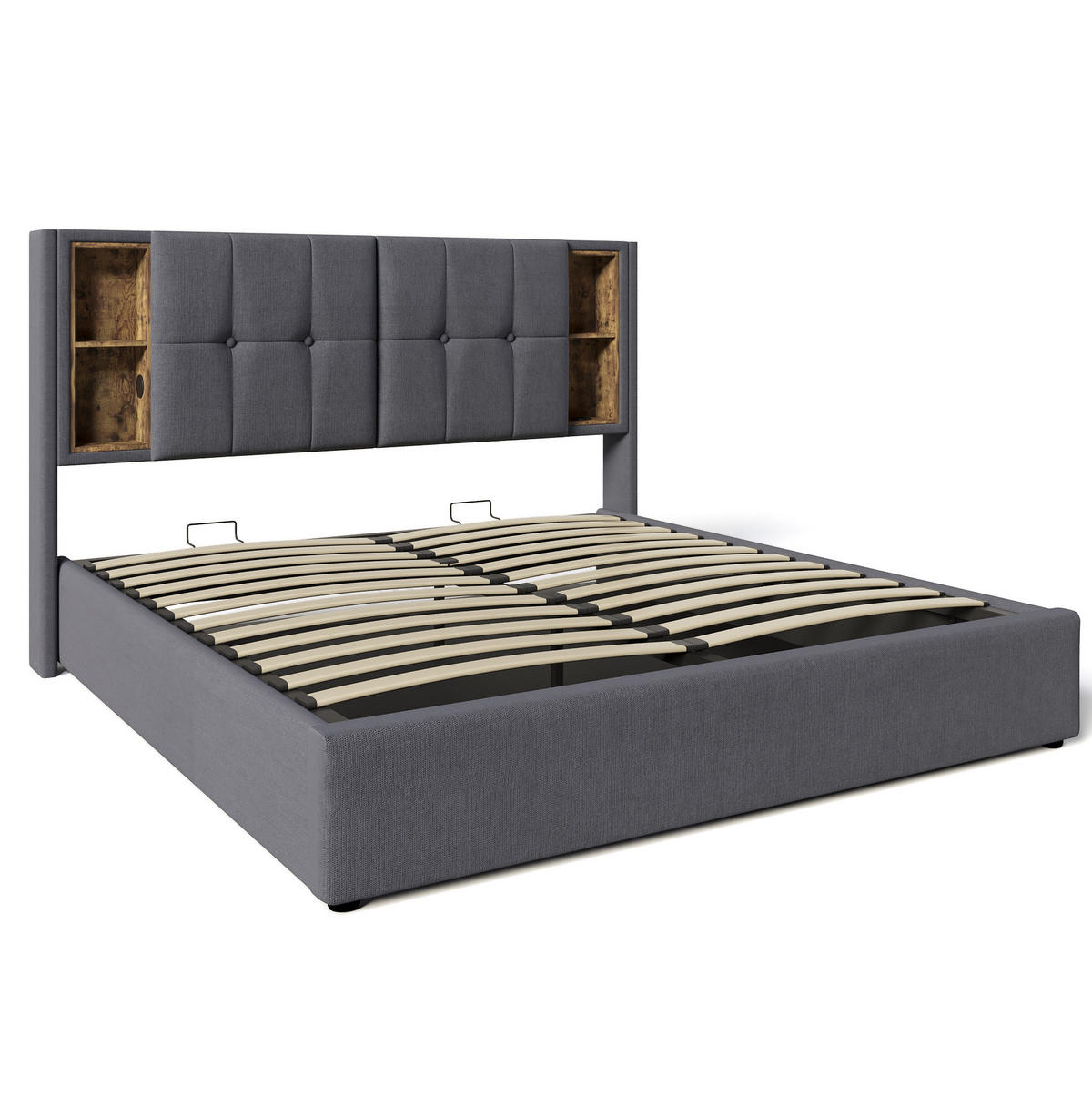BETT mit Stauraum und Ladestation 160x200 cm Baumwolle Grey - Grau, Metall (160/200cm) - Meubliv