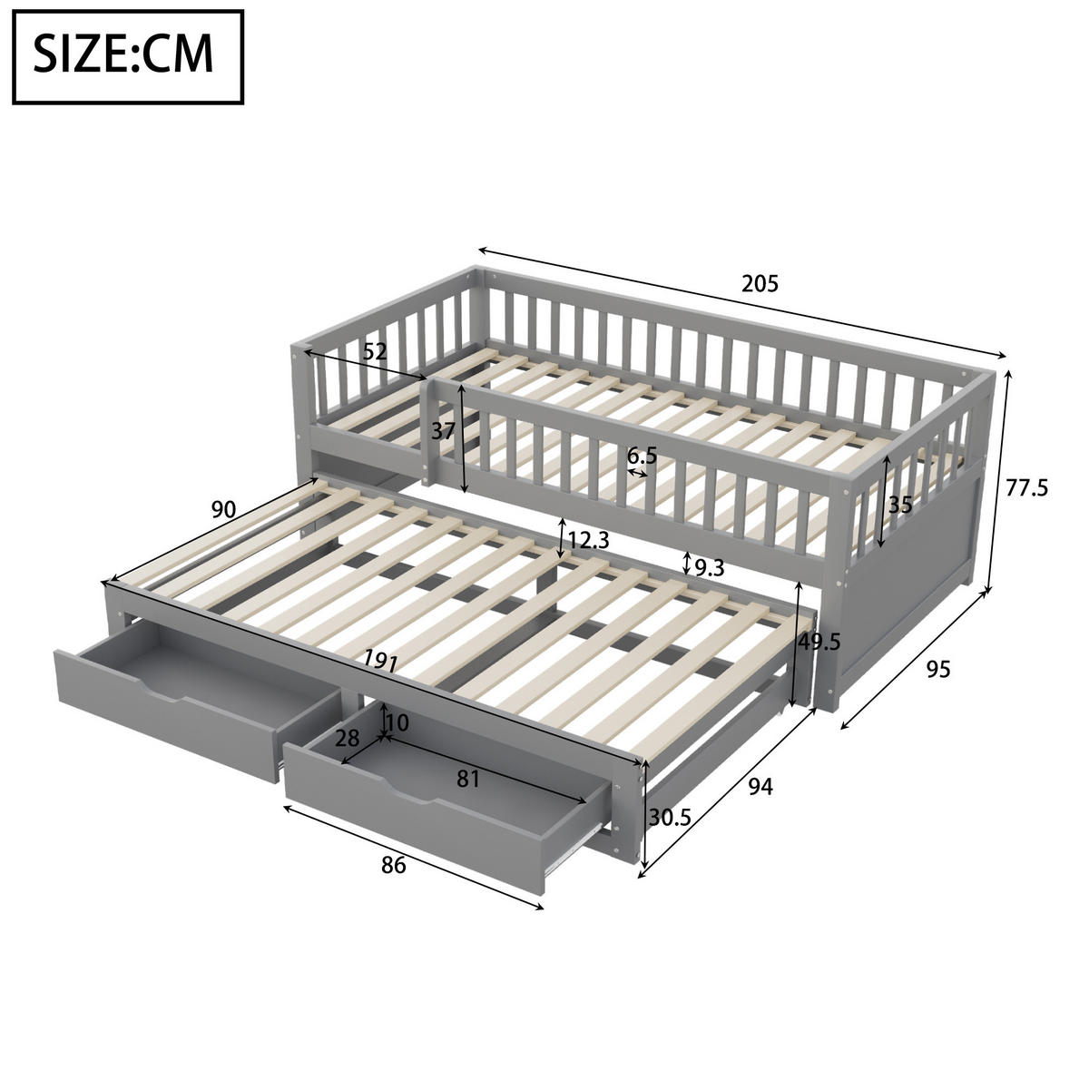 KINDERBETT aus Massivholz 90x200 cm in Grau mit Ausziehbett & 2 Schubladen - Grau, Holz (90/200cm) - Modfu