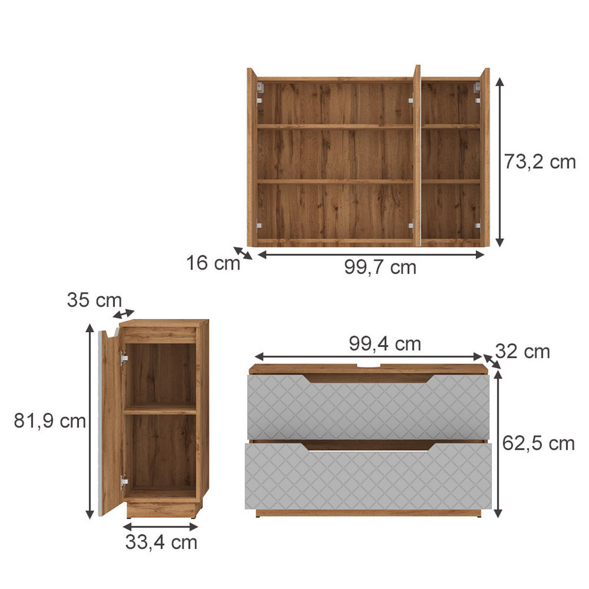 BADMÖBEL-SET Lotta Eiche/Grau mit Kachelstruktur 3 Teile - Grau, Holzwerkstoff (99.4/62.5/32cm) - Vicco