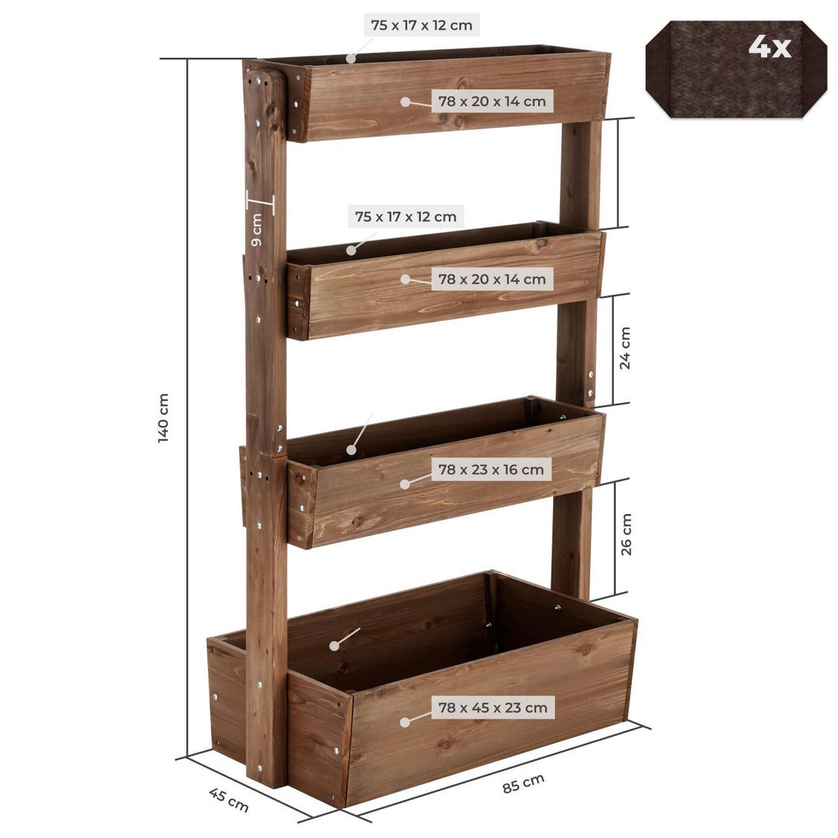 HOCHBEET Flora, inklusive Pflanzvlies, 85 x 45 x 140 cm, braun - Braun, Holz (85/140/45cm) - tectake
