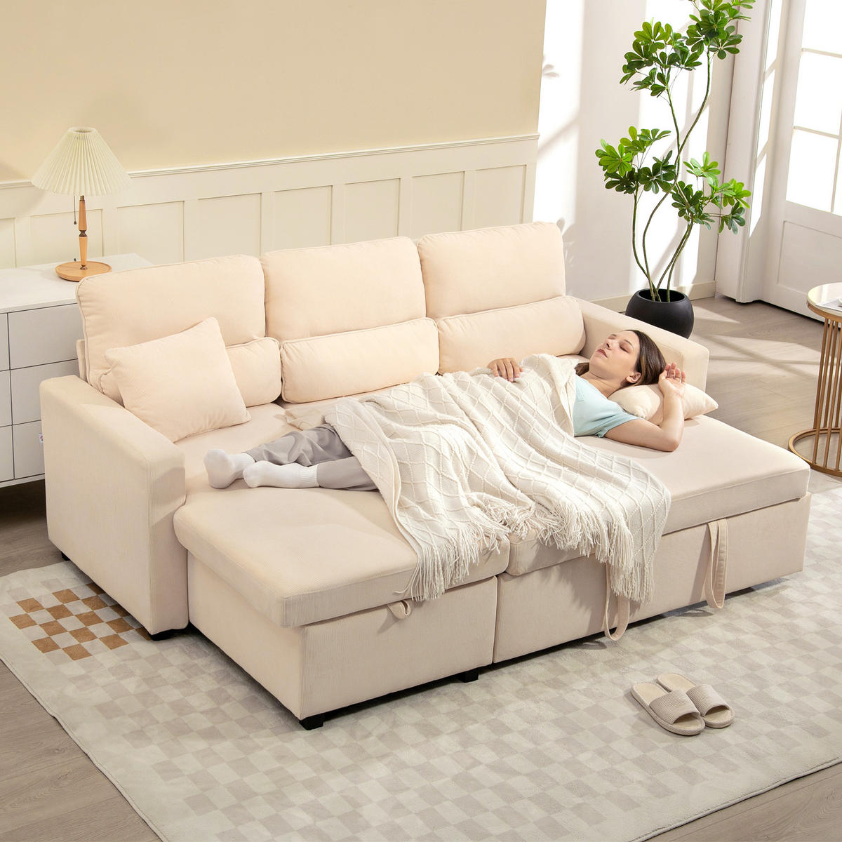 ECKSOFA DE-08202 L-förmig mit Stauraum & Kissen Beige - Beige, Metall (135/205cm) - ComfortXL