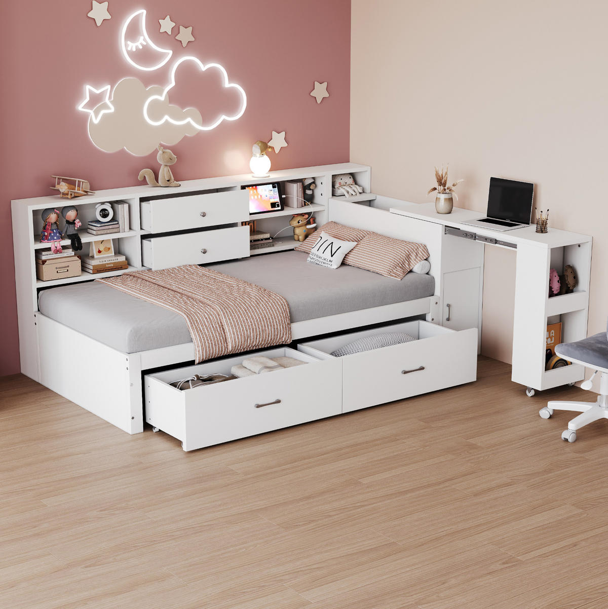 BETT 90/200 cm Weiß aus Holz mit Stauraum und ausziehbarem Schreibtisch - Weiß, Holz (90/200cm) - OKMYHOME