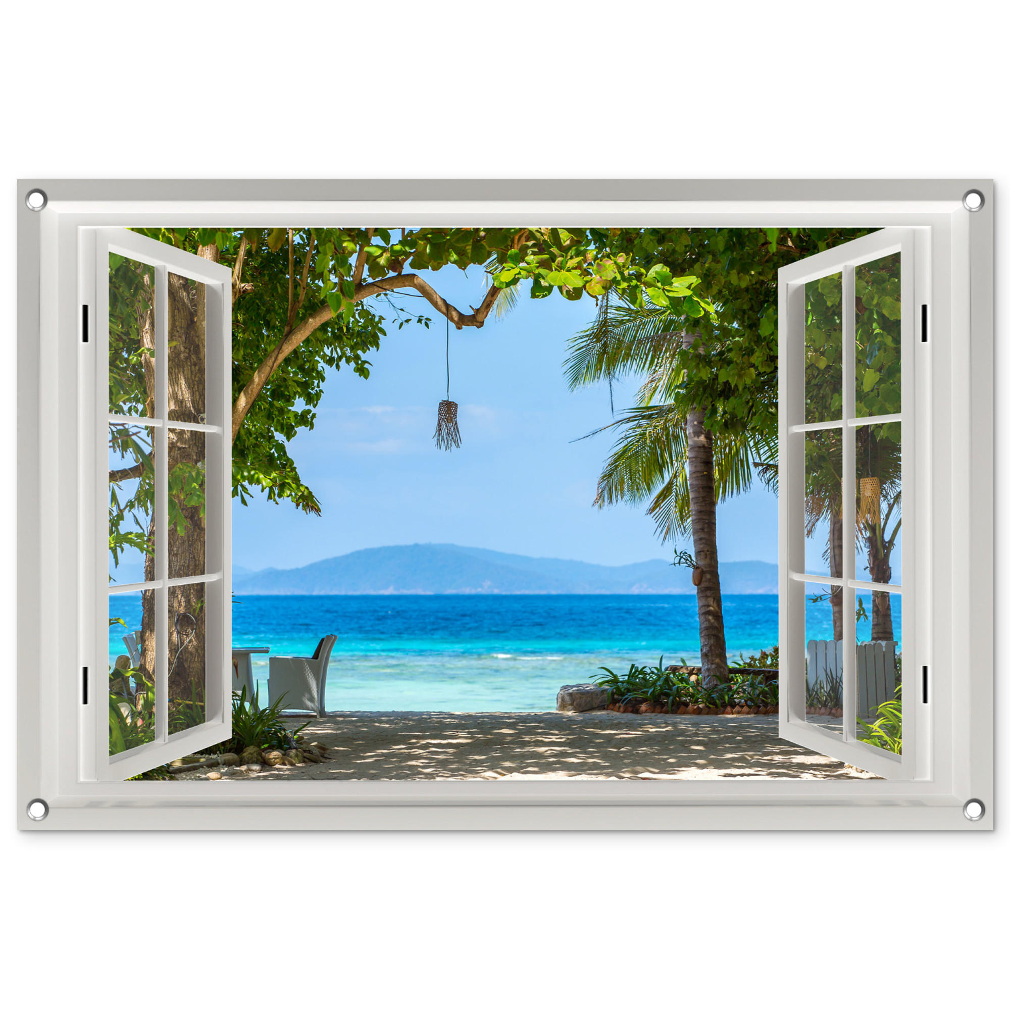 OnlyWow ZAHRADNÍ PLAKÁT Výhled - Strom - Moře - Palma - Kopce - Pláž - Modrá 90x60 cm