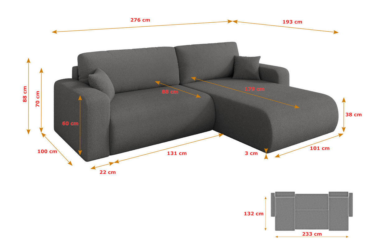 ROHOVÁ SEDAČKA s funkcí spaní, otoman vpravo BERY-L 276x193x88 šedá bouclé - šedá/černá, kompozitní dřevo/textil (276/193cm) - ALTDECOR