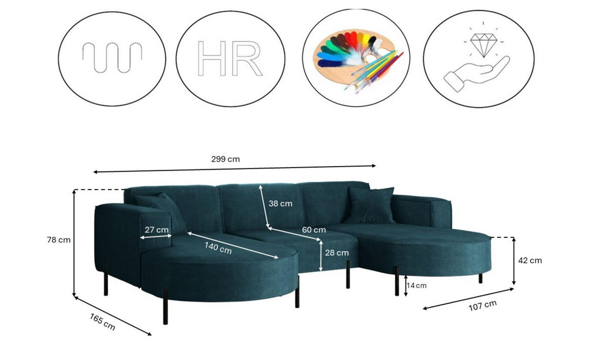 ECKSOFA U-Form Designer Modena Rein Stoff Noel Blau - Blau, Holz (165/299cm) - Kaiser Möbel