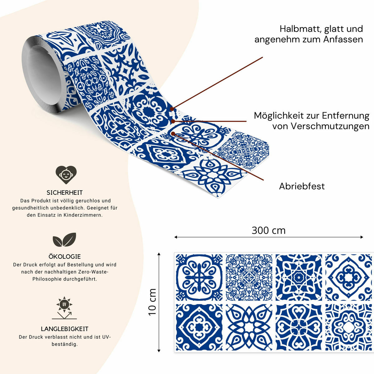 TAPETENBORDÜRE selbstklebend Mosaik Orientalisches Muster - Blau/Weiß, Papier (10/300/300cm) - Muralo