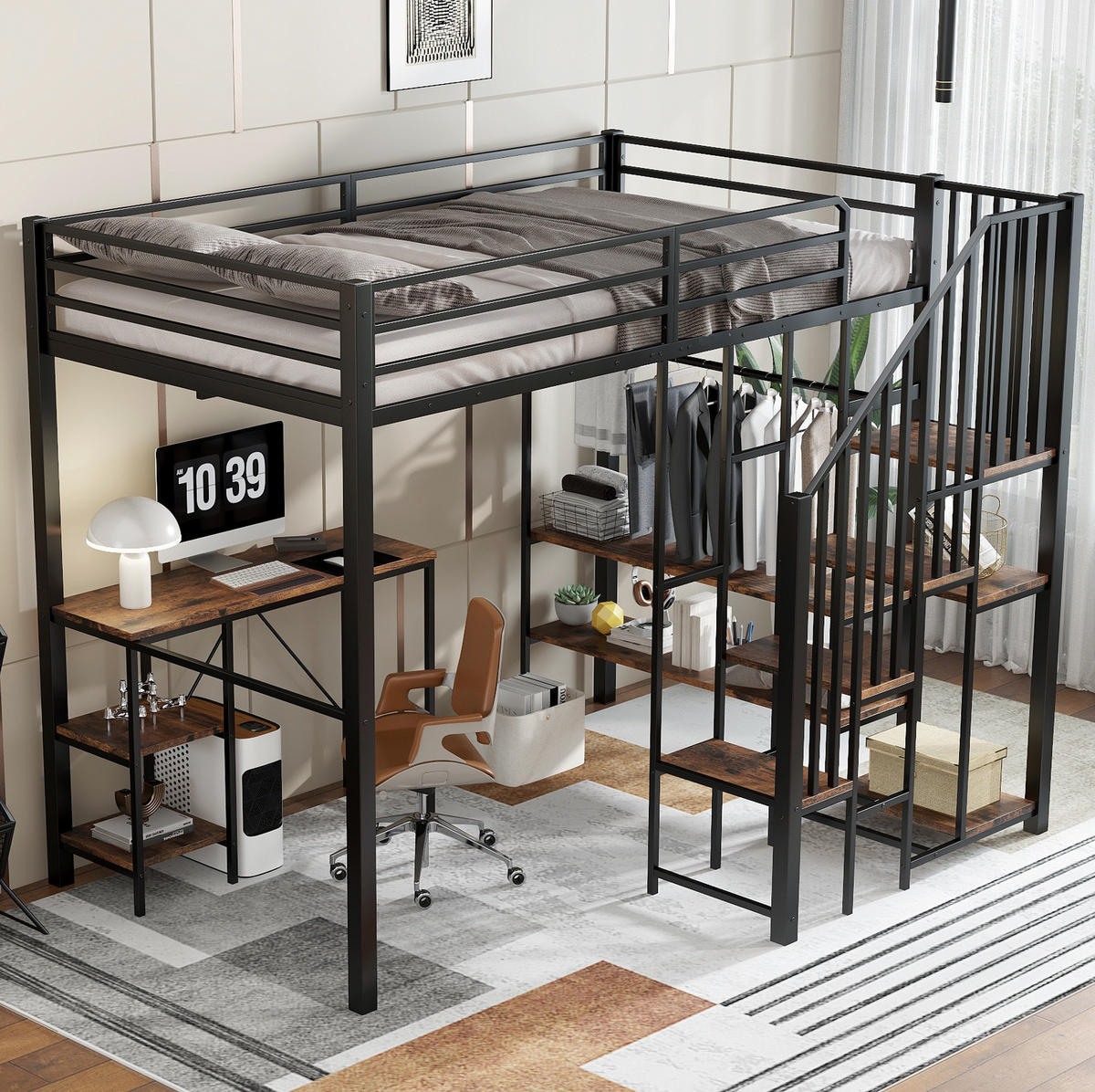 ETAGENBETT aus Metall und MDF 120x200 cm Schwarz mit Schreibtisch, Regal, offenem Kleiderschrank und Eckleiter - Schwarz, Holzwerkstoff (120/200cm) - Modfu