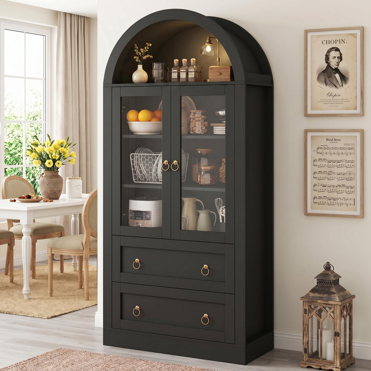AUFBEWAHRUNGSSCHRANK 80x36x170 cm, 2 Schubladen, Glastüren, Schwarz - Schwarz, Holzwerkstoff (80/170/36cm) - FOHERE