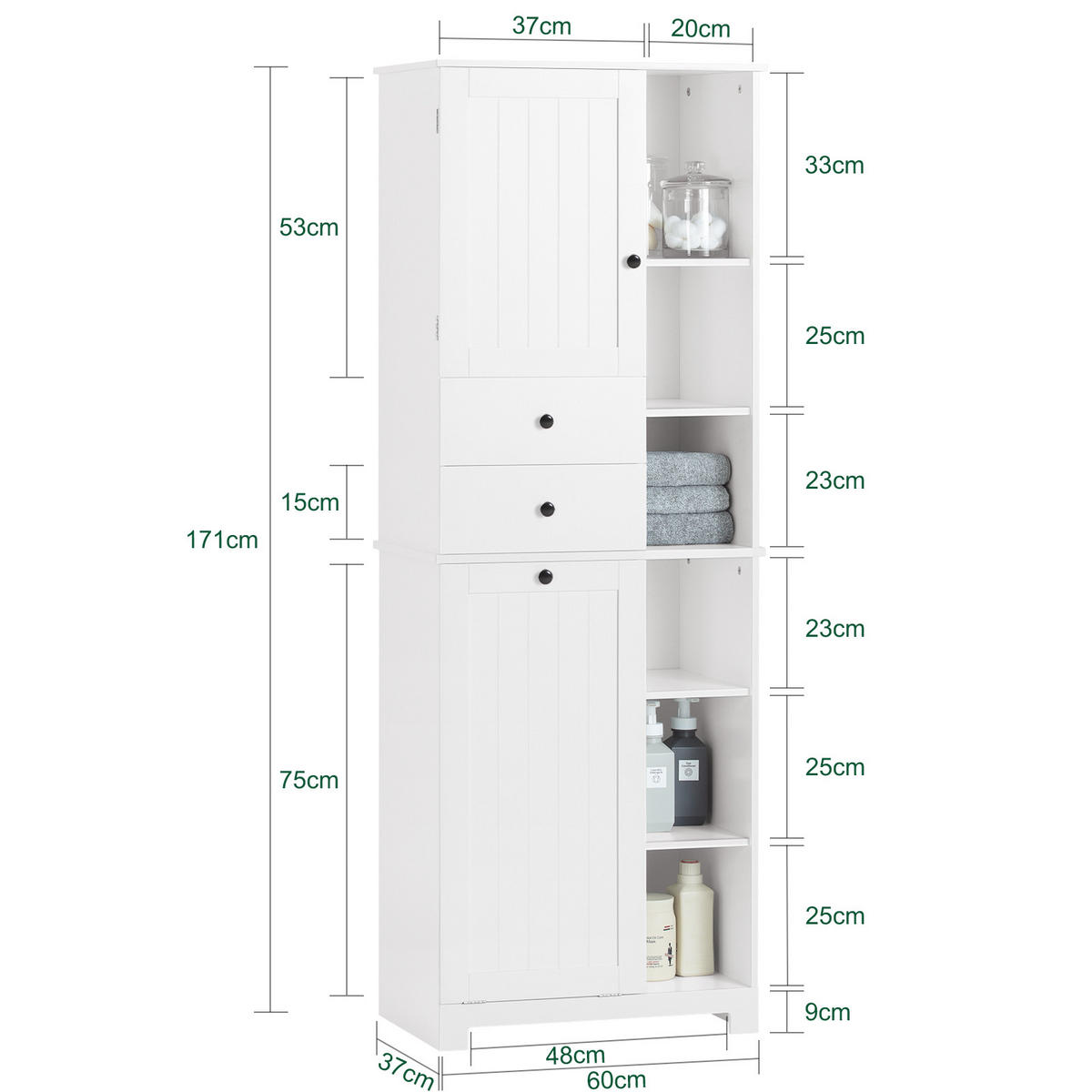 HOCHSCHRANK mit Wäschesack, Badezimmerschrank, 60x37x171cm - Weiß, Holzwerkstoff (60/171/37cm) - SoBuy