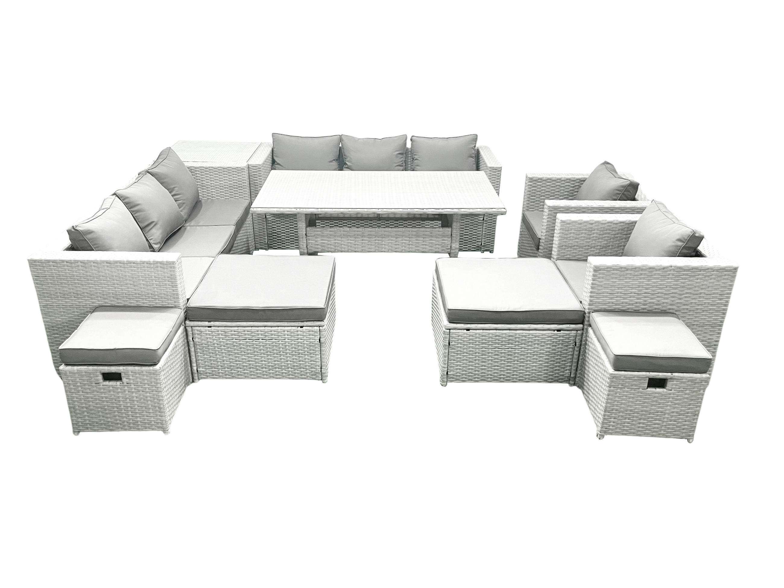 GARTENSET mit Esstisch,Sofa,4 Fußhocker,2 Stühle,Beistelltisch Polyrattan Hellgrau 12-Sitzer - Hellgrau/Grau, Glas/Kunststoff - Fimous