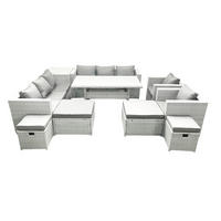 GARTENSET mit Esstisch,Sofa,4 Fußhocker,2 Stühle,Beistelltisch Polyrattan Hellgrau 12-Sitzer - Hellgrau/Grau, Glas/Kunststoff - Fimous