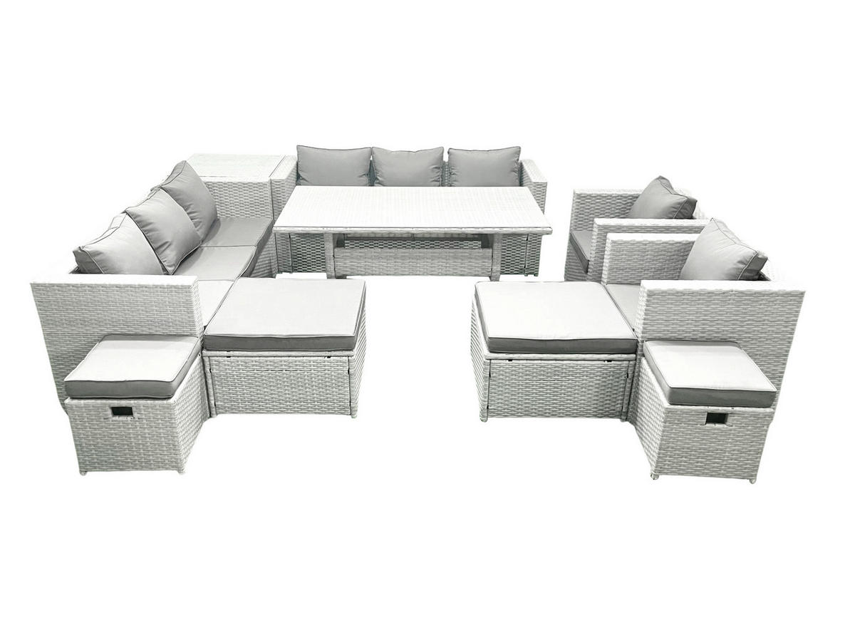 GARTENSET mit Esstisch,Sofa,4 Fußhocker,2 Stühle,Beistelltisch Polyrattan Hellgrau 12-Sitzer - Hellgrau/Grau, Glas/Kunststoff - Fimous
