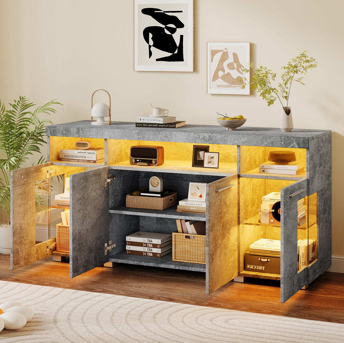 SIDEBOARD 140/40/70 cm Zementgrau aus MDF mit LED-Beleuchtung - Grau, Holzwerkstoff (40/70/140cm) - OKMYHOME